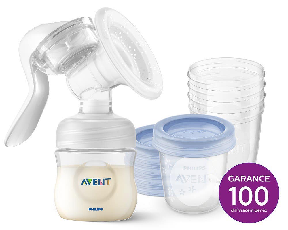 Avent Odsávačka mateřského mléka manuální 1 ks + VIA pohárky s víčkem 180 ml 5 ks