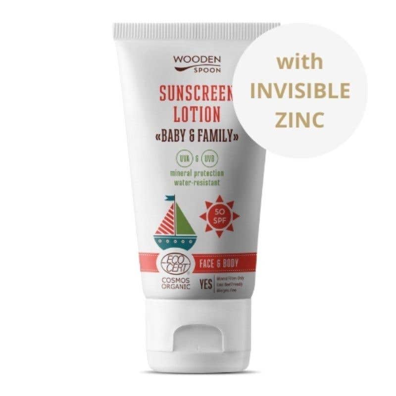 Wooden Spoon Opalovací tělové mléko Baby & Family SPF 50 BIO 150 ml