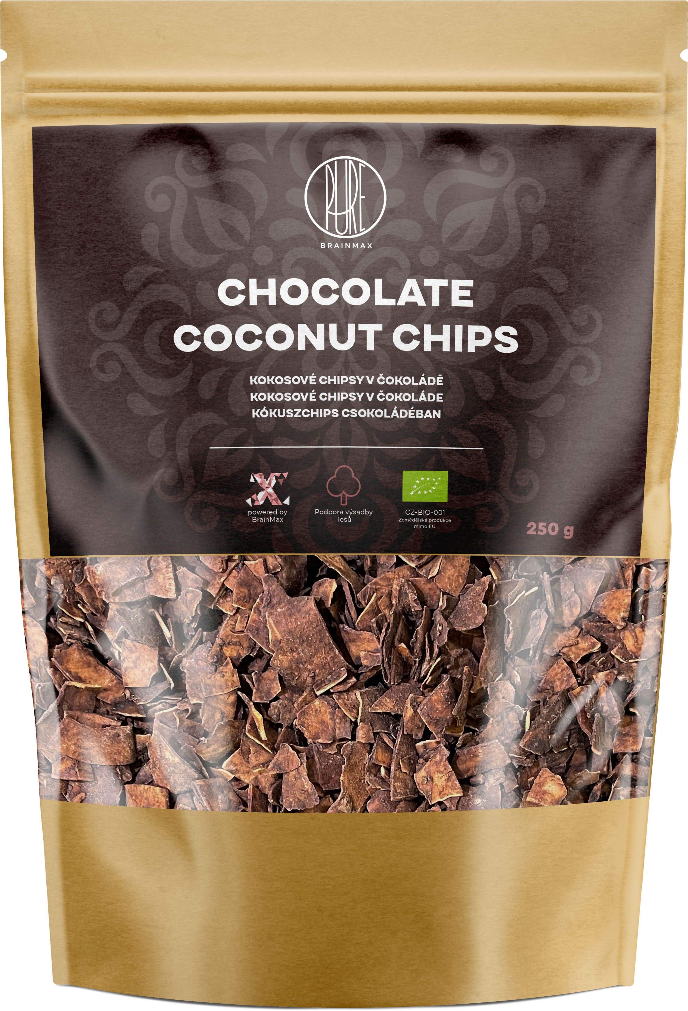 BrainMax Pure Kokosové chipsy v čokoládě BIO 250 g