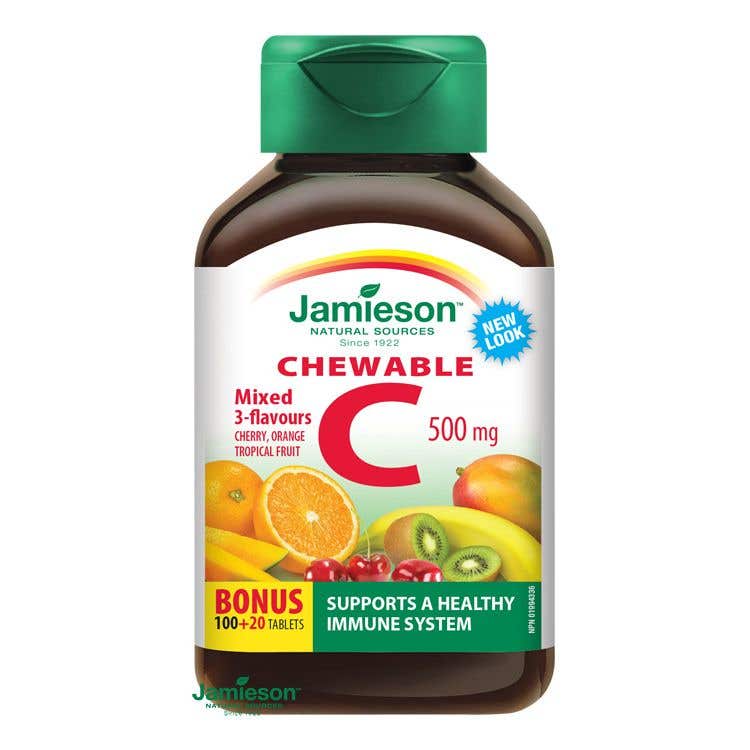 Jamieson Vitamín C 500 mg tablety na cucání mix tří ovocných příchutí 120 tablet