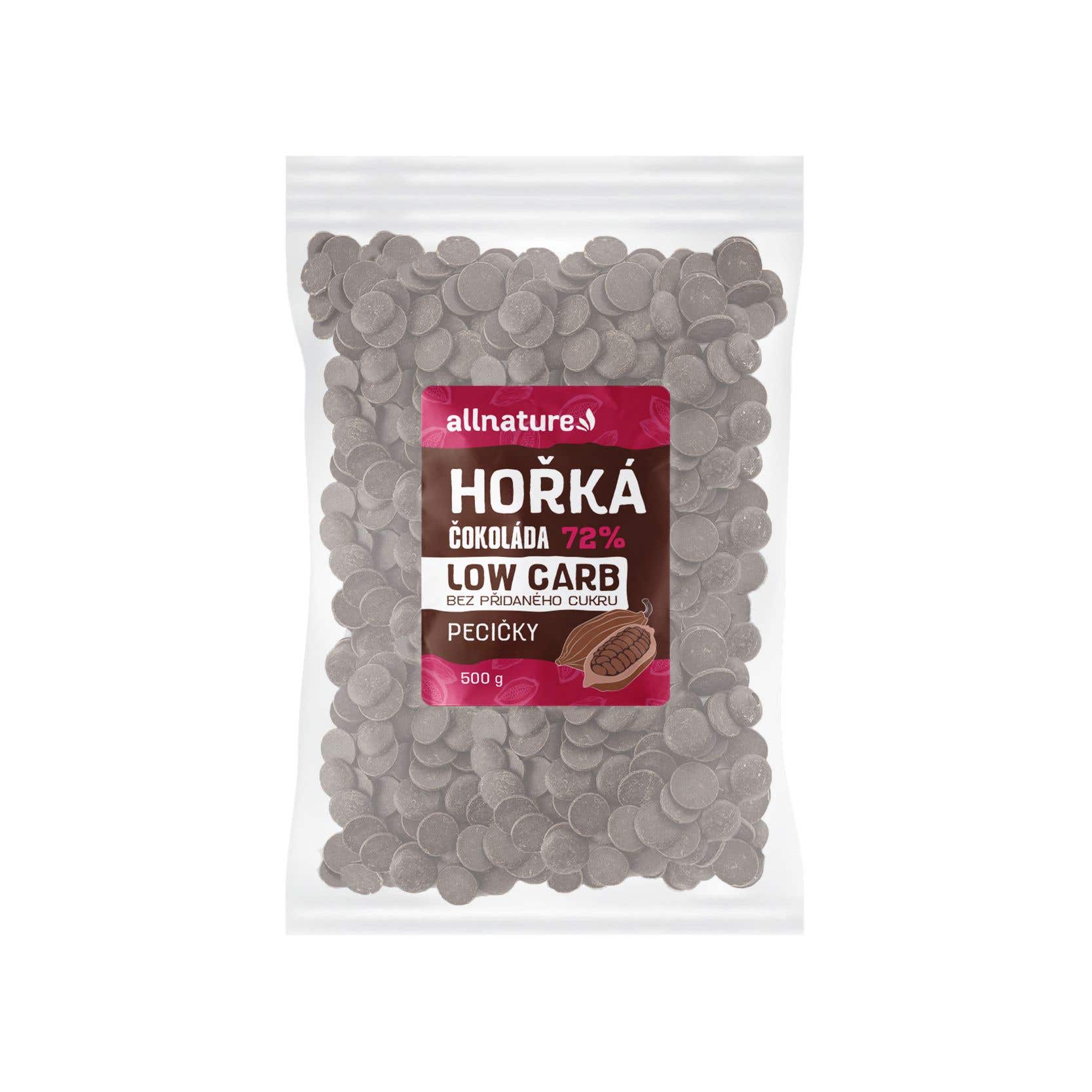 Allnature LOW CARB Čokoláda hořká 72% pecičky 500 g