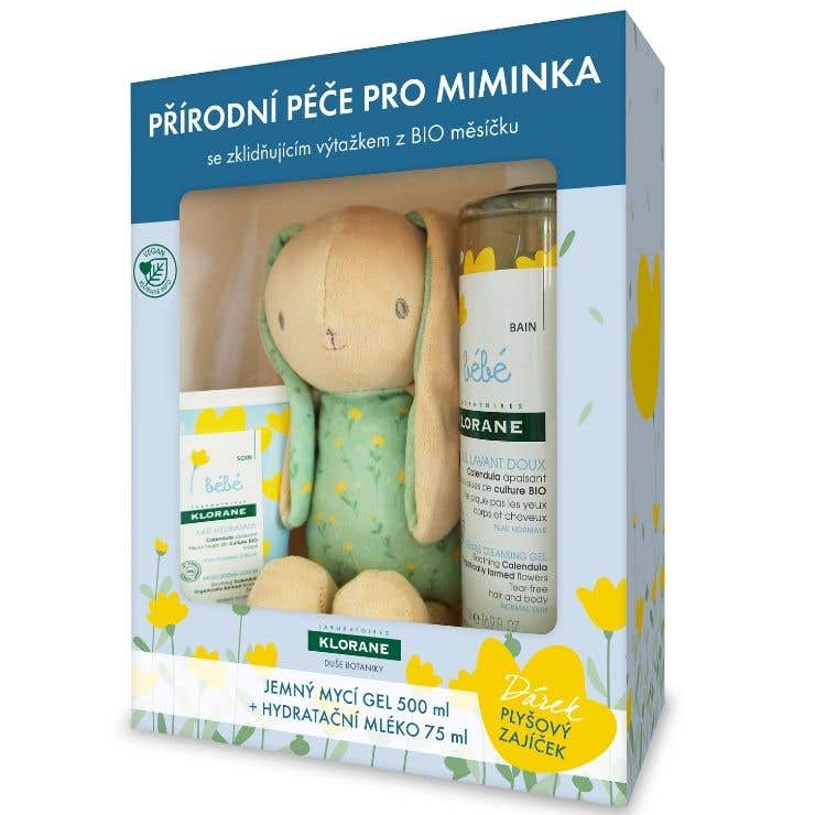 Klorane Bebe Xmass Jemný mycí gel 500 ml + Hydratační mléko 75 ml a plyšový zajíček