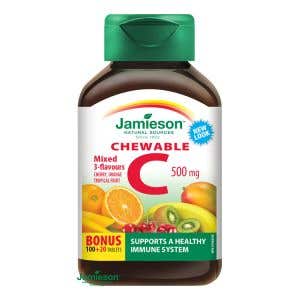 Jamieson Vitamín C 500 mg tablety na cmúľanie mix troch ovocných príchutí 120 tabliet