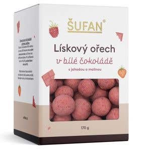 Šufan Lieskový orech v bielej čokoláde s jahodou a malinou 170 g