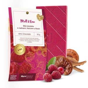 MycoMedica B&iacute;l&aacute; čokol&aacute;da s malinami, Hericiem a Reishi 50 g