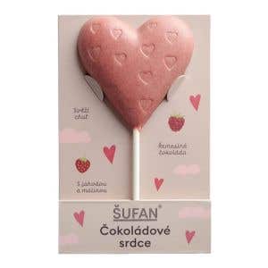 Šufan Čokoládové srdce z bílé čokolády s jahodou a malinou 27 g – Expirace 12/11/2025