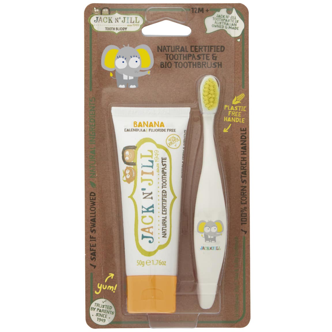 Jack N´Jill Dětský zubní kartáček Sloník Ellie a přírodní zubní pasta - banán BIO 50 g
